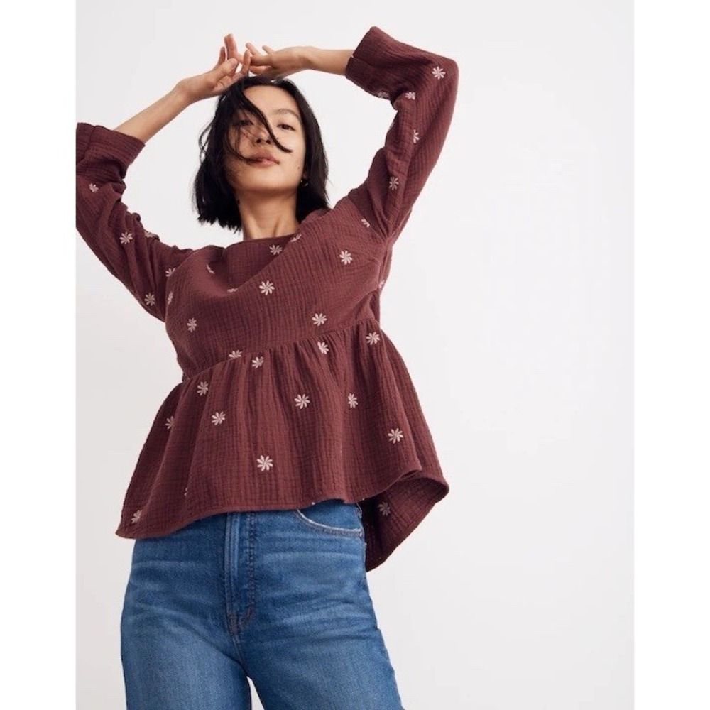 Madewell Embroidered Lightspun Peplum Open‎ Back Top Vintage Mulberry XS Boho